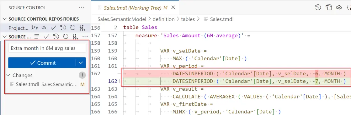 Git diff showing a DAX measure change in a .pbip semantic model file
