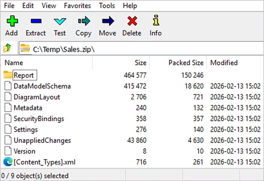 The contents of a .pbit opened as a zip archive in 7-Zip: a Report folder alongside DataModelSchema, DiagramLayout, Metadata, SecurityBindings, Settings, UnappliedChanges and Version