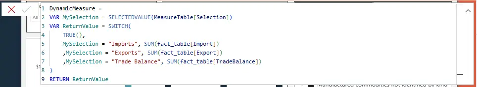 The Power BI formula bar displaying the DAX for a single measure, with no indication of the measures or columns it references