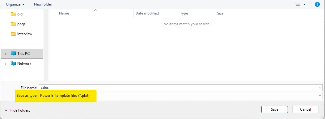Power BI Desktop Save As dialog with the template file type selected